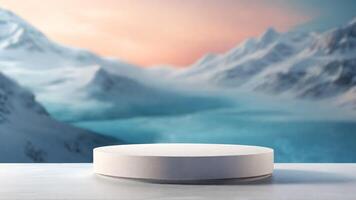 AI generated 3d rendering of a white podium on a background of snowy mountains photo