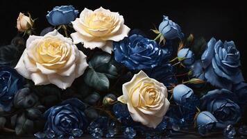 ai generado hermosa ramo de flores de azul y blanco rosas en negro antecedentes. foto