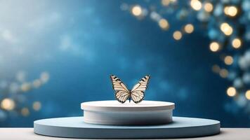 AI generated Butterfly on blue podium with bokeh background, 3d render photo