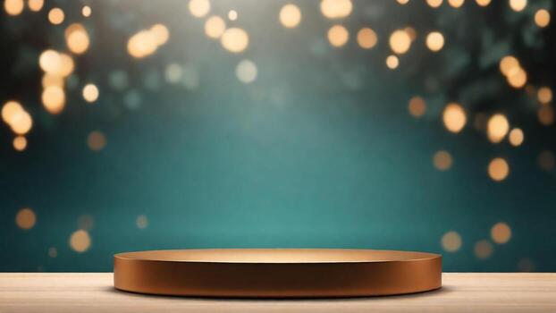 ai generado dorado podio en de madera mesa y bokeh ligero verde antecedentes. 3d hacer foto