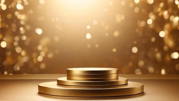 ai generado dorado podio en oro antecedentes con bokeh efecto. 3d hacer foto