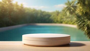 AI generated Round podium on wooden table with swimming pool. Mockup for design photo