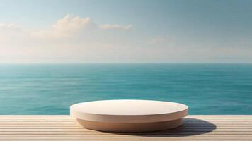 AI generated Wooden platform on the background of the sea. 3d render, daytime, summer photo