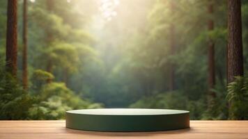 AI generated Green round podium on wooden table in green forest. 3d render photo