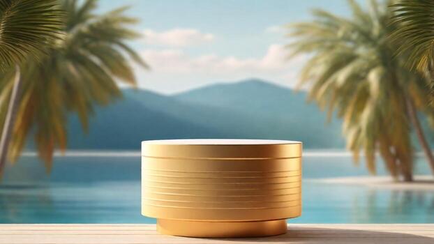 ai generado dorado cosmético podio en de madera mesa con palma arboles y mar antecedentes foto