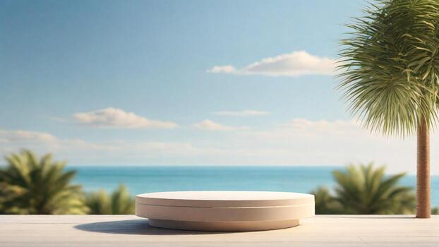 ai generado 3d hacer de blanco podio con palma árbol y mar en antecedentes foto