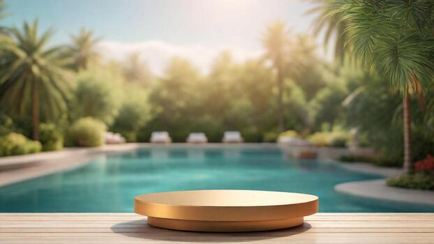 ai generado oro podio con nadando piscina en antecedentes. burlarse de arriba, 3d hacer foto
