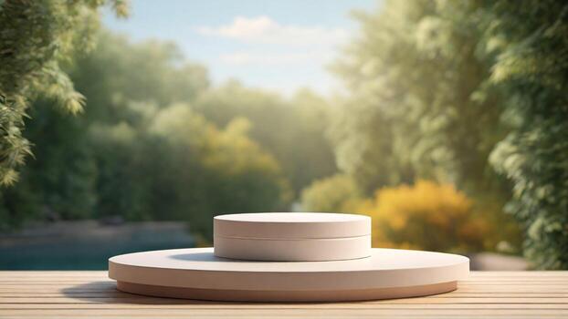 ai generado blanco podio en de madera mesa en verde bosque. 3d hacer foto