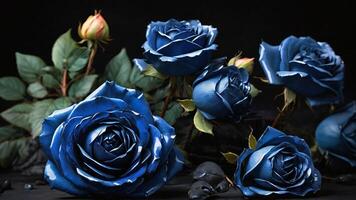 ai generado hermosa azul rosas en negro fondo, de cerca. espacio para texto foto