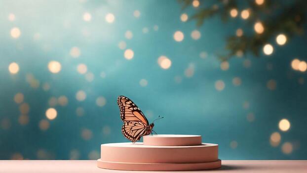 ai generado mariposa en podio terminado bokeh fondo, 3d hacer foto