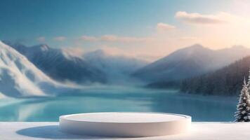 AI generated White podium on the background of snow mountains and lake. 3d render photo