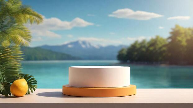 ai generado 3d hacer de podio con palma arboles y montañas mar limón antecedentes foto