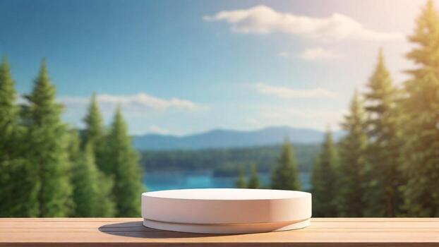 ai generado de madera podio en el antecedentes de el montaña paisaje. 3d representación foto