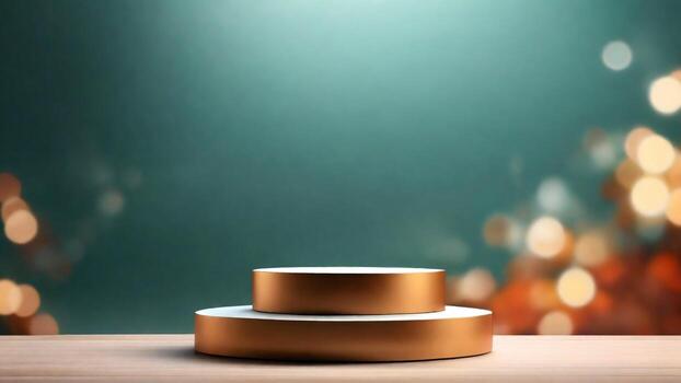 ai generado vacío podio en de madera mesa con bokeh fondo, 3d hacer foto