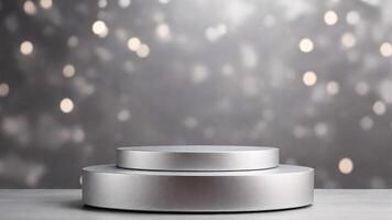AI generated Silver podium on gray background with bokeh effect. 3d render photo