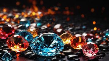 AI generated Colorful gemstones on black stone background. Shallow depth of field. photo