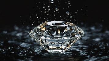 AI generated brilliant diamond with splashes of water on a black background, copy space photo