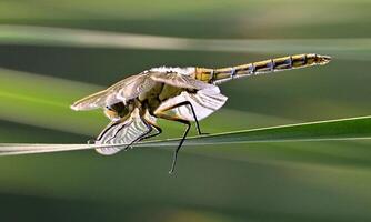 Very detailed macro photo of a dragonfly. Macro shot, showing details of the dragonfly's eyes and wings. Beautiful dragonfly in natural habitat