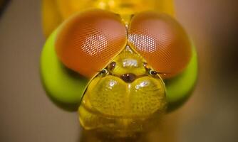 Very detailed macro photo of a dragonfly. Macro shot, showing details of the dragonfly's eyes and wings. Beautiful dragonfly in natural habitat