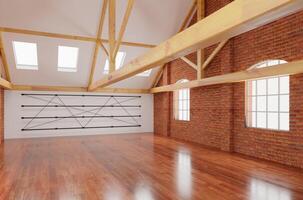 interior of the attic with brick walls and wooden floor photo