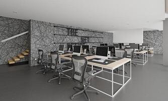 Interior of modern office with blue walls, concrete floor photo