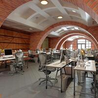 Interior of a modern office with brick walls photo