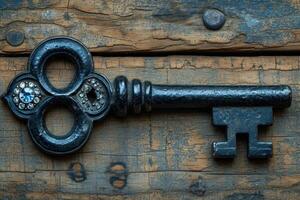 AI generated An old designer key with a lock decoration lies on a wooden background photo