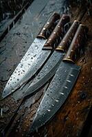 AI generated Knives made of Damascus steel on a wooden board photo