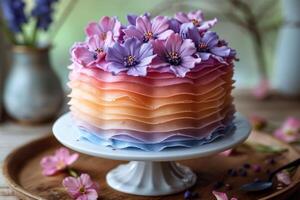 AI generated A stylish handmade cake stands on a festive table stand photo
