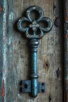 AI generated An old designer key with a lock decoration lies on a wooden background photo