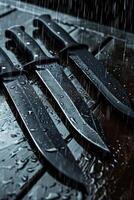 AI generated Black Damascus steel Knives on a wooden board in the rain photo