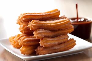 AI generated Churros - Popular in Spain and Latin America, churros are deep-fried dough pastries often served with a side of chocolate sauce for dipping photo