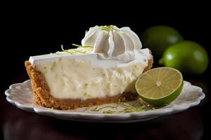 ai generado llave Lima tarta - un amado postre desde el Florida llaves, llave Lima tarta es hecho con un picante relleno de llave Lima jugo y condensado Leche en un Graham galleta corteza foto