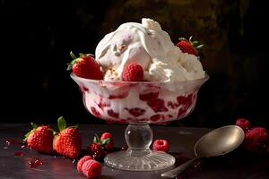 AI generated Eton Mess - Originating in England, Eton Mess is a dessert made with layers of crushed meringue, whipped cream, and fresh berries, creating a delightful combination of textures photo