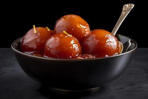 AI generated Gulab Jamun - A popular Indian sweet, Gulab Jamun is made from khoya, reduced milk solids, and deep-fried, then soaked in a sugary syrup flavored with rosewater and cardamom photo