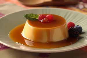 ai generado Flan - un amado postre en muchos países, Flan es un cremoso horneado lactoso con un caramelo salsa, conocido para sus suave textura y caramelizado sabor foto