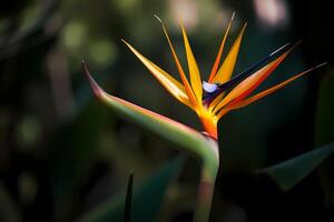 ai generado pájaro de paraíso - Strelitzia reginae - flor nativo a sur África - conocido para sus único, pajaril forma y vibrante colores. un símbolo de libertad y magnificencia foto