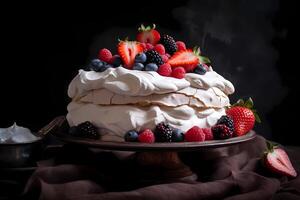 AI generated Pavlova - This meringue-based dessert is named after the Russian ballet dancer Anna Pavlova. It features a crisp outer shell and a soft, marshmallow-like interior, topped fresh fruits photo
