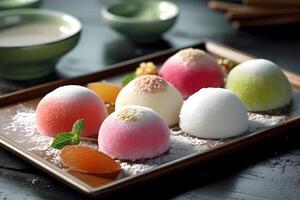 ai generado mochi - originalmente desde Japón, mochi es un correoso arroz pastel hecho desde golpeado glutinoso arroz. eso a menudo viene con varios empastes me gusta rojo frijol pegar o hielo crema foto