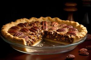 AI generated Pecan Pie - Popular in the Southern United States, pecan pie is made with a filling of pecans, corn syrup, sugar, and eggs, baked in a pie crust photo