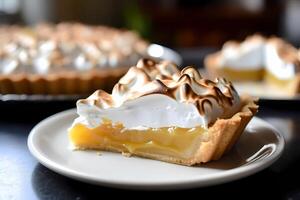 AI generated Lemon Meringue Pie - A classic American dessert, Lemon Meringue Pie features a tangy lemon filling topped with fluffy meringue, all baked in a pastry crust photo