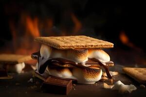 ai generado s'mores - un popular americano tratar, s'mores consistir de un asado malvavisco y un pedazo de chocolate emparedado Entre dos Graham galletas foto