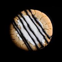 AI generated A scrumptious cookie adorned with a generous layer of smooth white icing, elegantly adorned with artfully drizzled chocolate stripes, creating a visually appealing and delectable treat photo