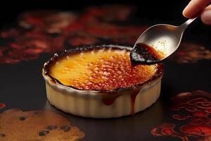 ai generado crema brulee - esta clásico francés postre consiste de un Rico lactoso coronado con un capa de caramelizado azúcar foto