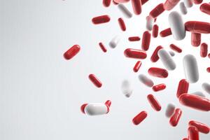 AI generated Many pills falling on white background. Four capsules in air photo