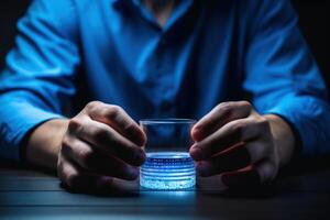 AI generated Man holding medicine for headache and cold. photo