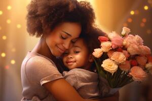 AI generated Afro American family celebrates Mothers Day at home. photo