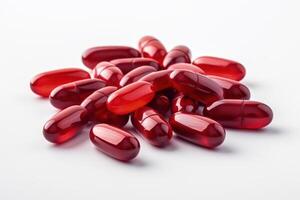 AI generated Isolated red pill capsules for pain relief and sedation. photo