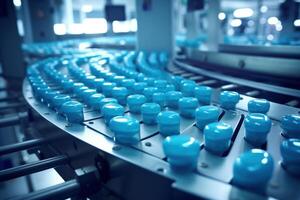 AI generated Blue Capsules Moving on Conveyor in Pharmaceutical Factory photo