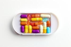 AI generated Colorful pill box for daily medication in medical clinic. photo